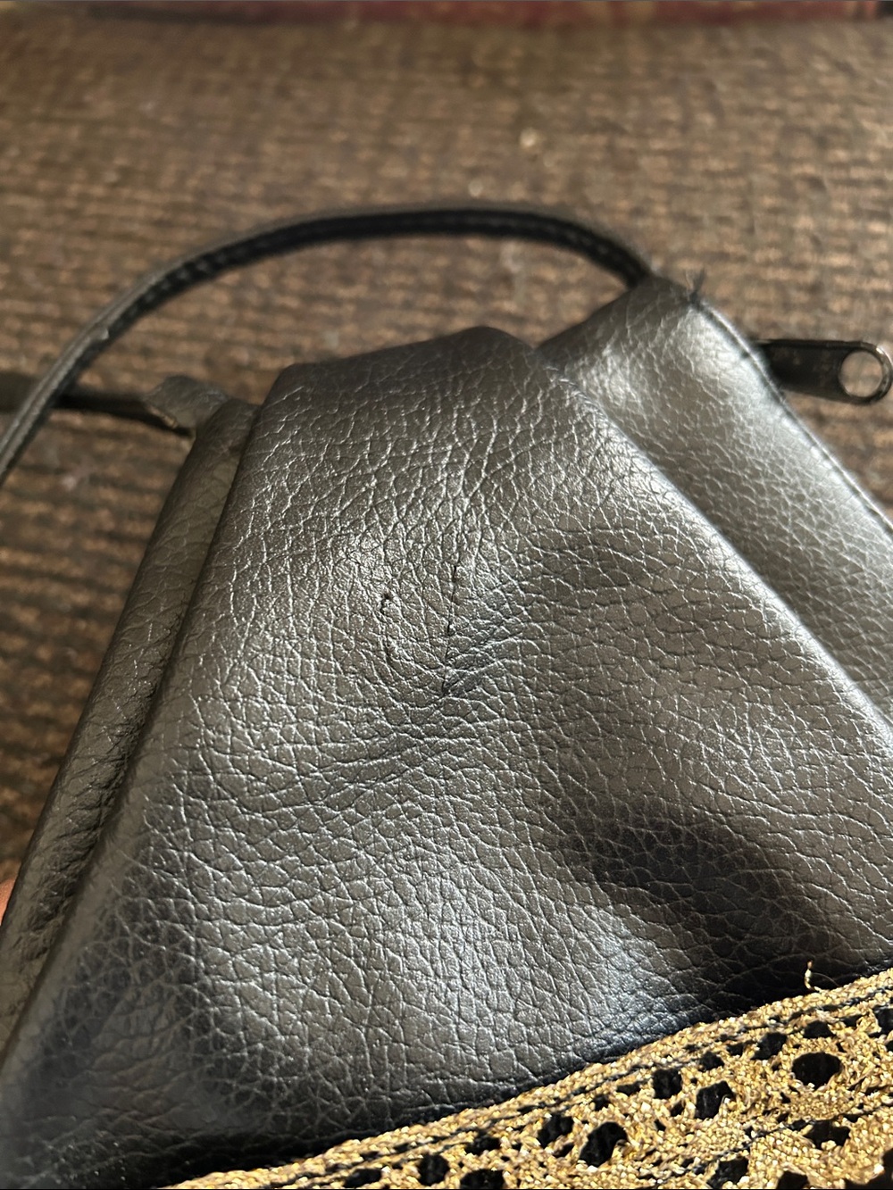 Black Vintage faux leather Embellished Pouch bag with Purple Floral accents. - Picture 6 of 11